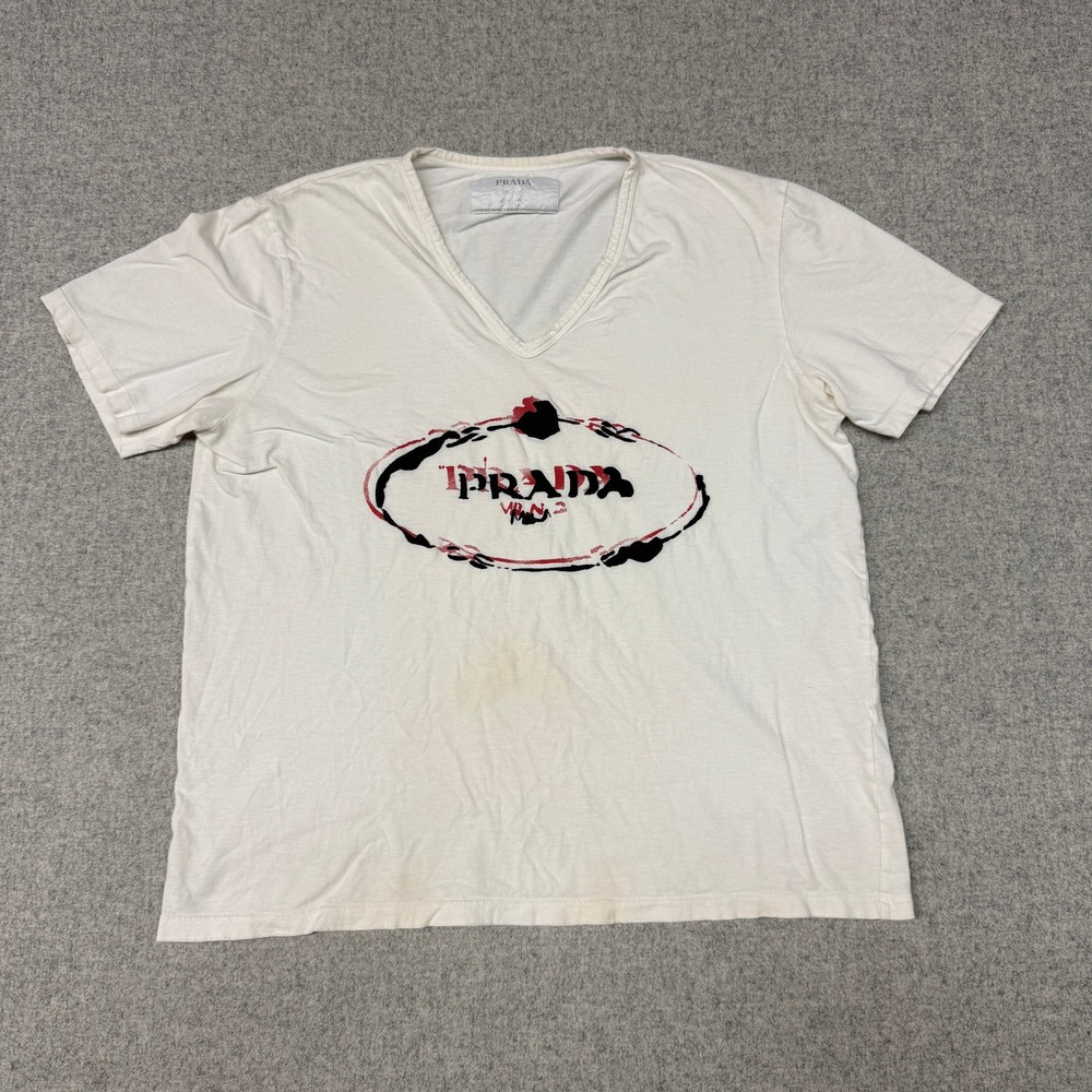 Prada | Graphic V-Neck T-Shirt | Large | White | Cotton Distressed Logo Italy